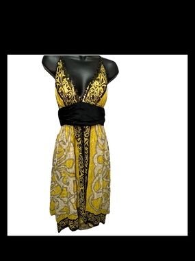 Nicole Miller Silk Halter Dress Yellow Black Baroque Maxi Train Size 8 Y2K Luxe